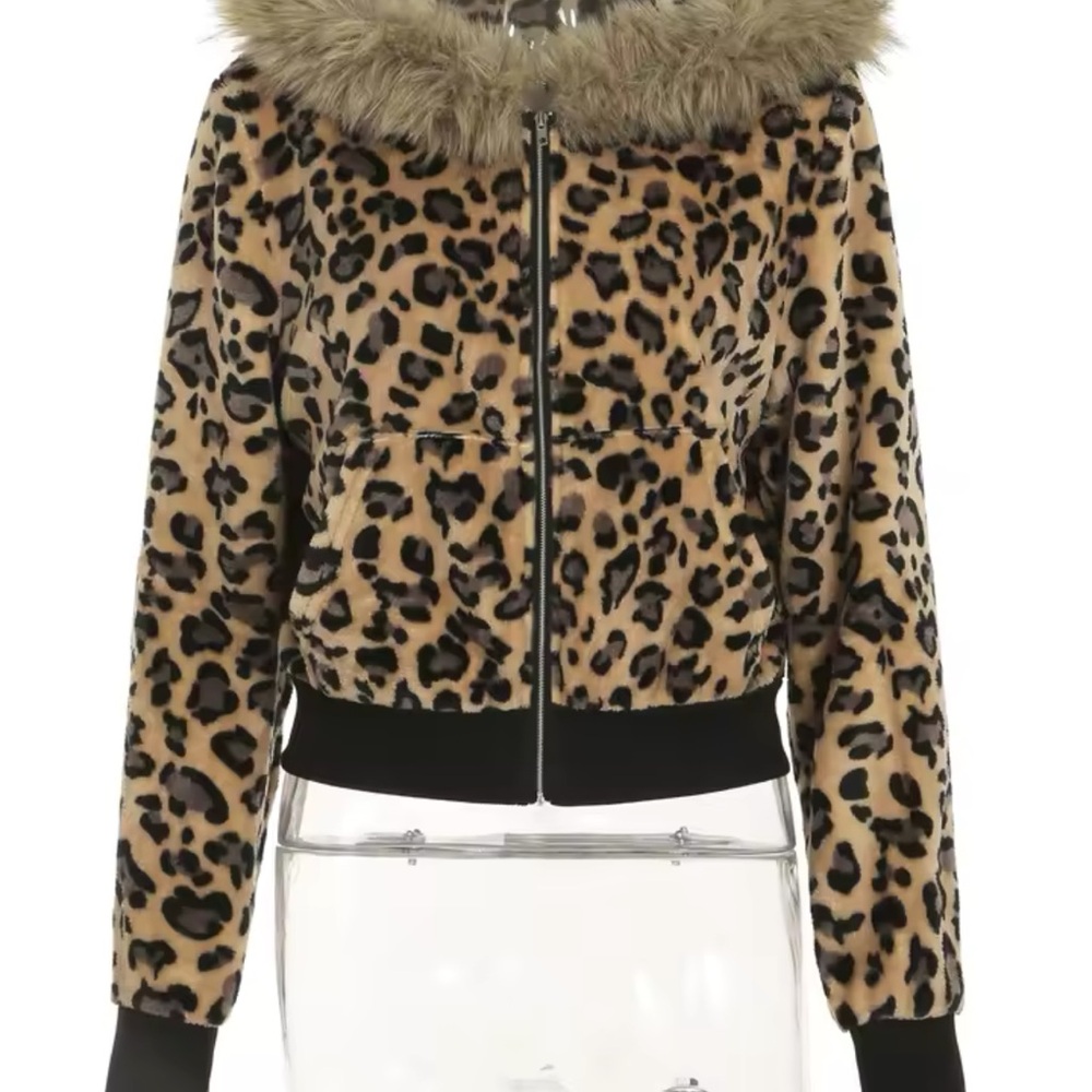 Leopard Print Faux Fur Jacket with Hood